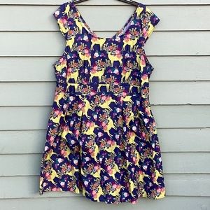 Retrolicious Deer Print Floral Cap-sleeved Fit & Flare Dress US size 2X